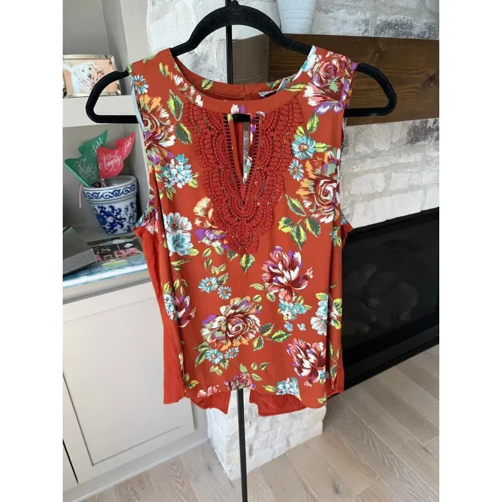 Daniel Rainn Women's Floral Burnt Orange Quin Keyhole Crochet Top Size Petite M